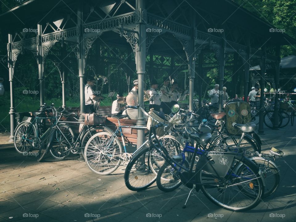 Different bicycles on a vintage bicycles exhibition in Moscow, Russia