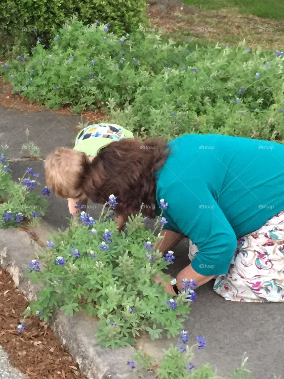 My mom and nephew smelling the bluebonnets 