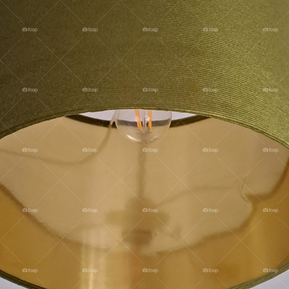green and shiny gold autumnal colours. circular lamp shade with light bulb visible