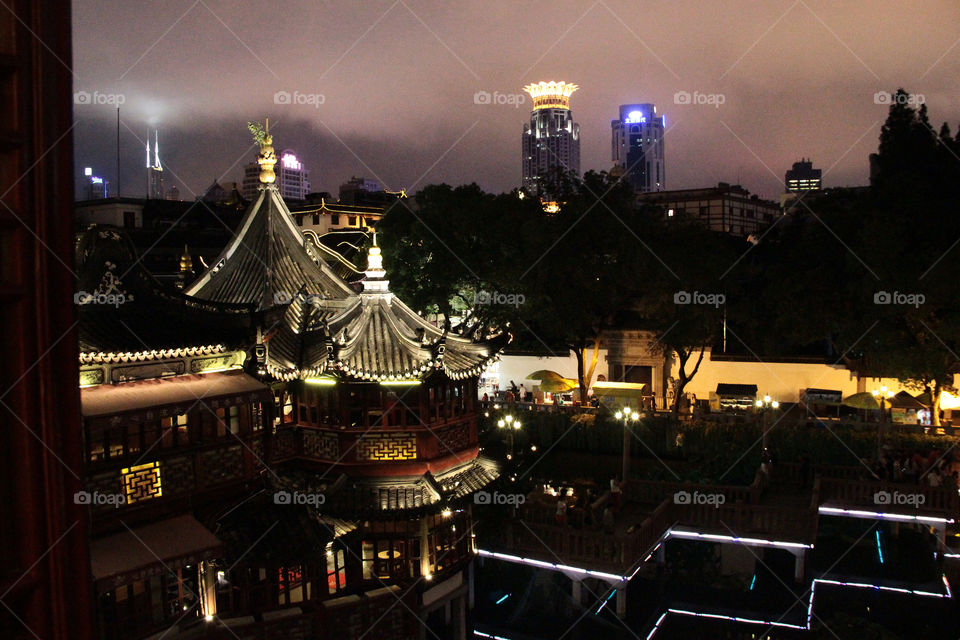 Yuyuan by nightfall. Yuyuan by night in Shanghzi, China.