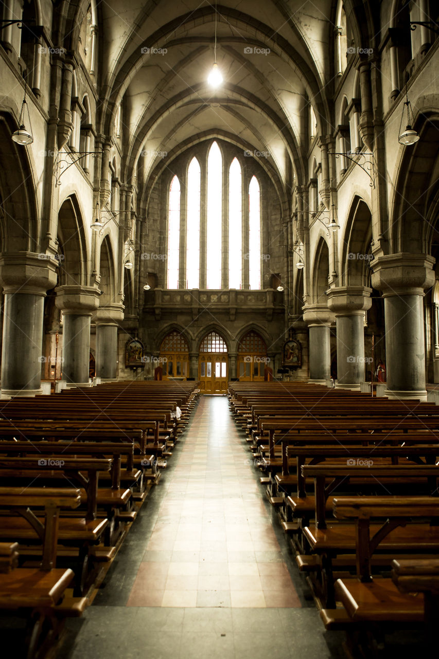 Lines and shapes in this architectural image of a cathedral - showing pews and pillars symmetrically with late afternoon sun coming through the windows