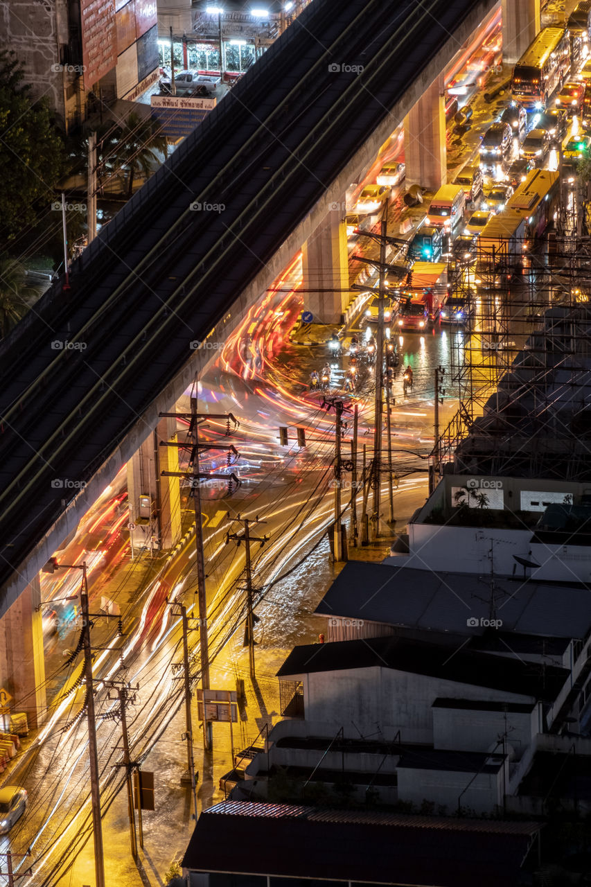 Thailand-August 28 2020:Traffic congestion on the road after heavy rains in Bangkok