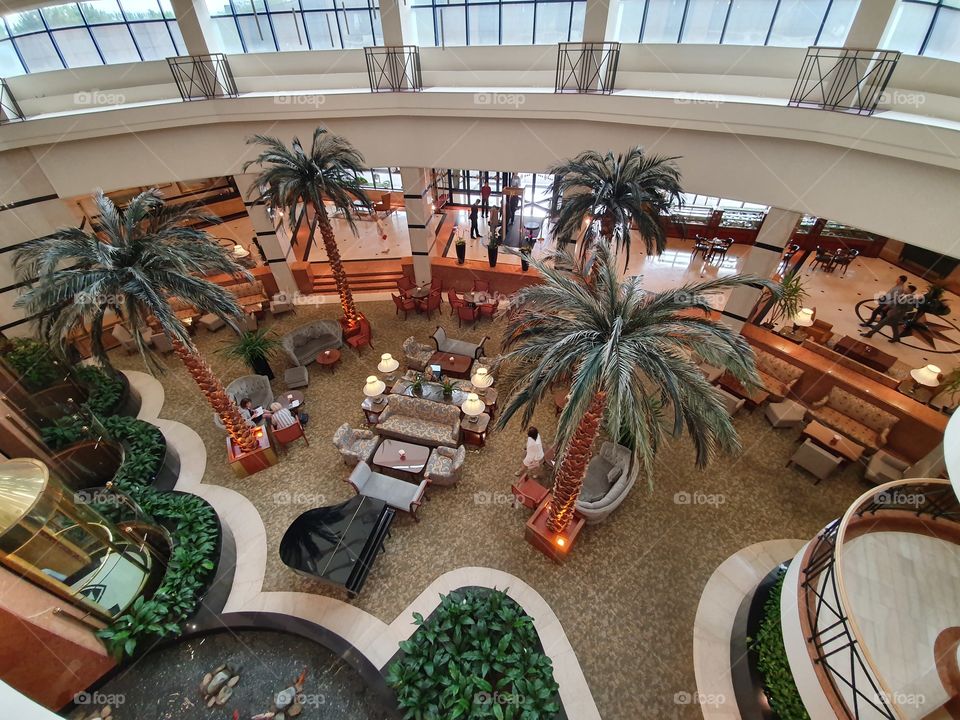 hotel lobby view from above