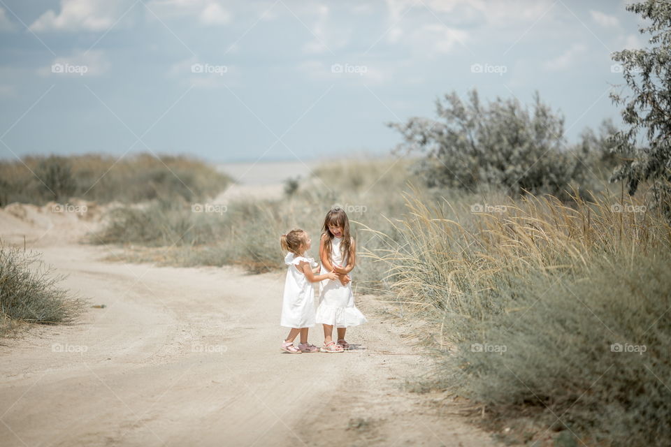 Two little sisters walking at cloudy summer day