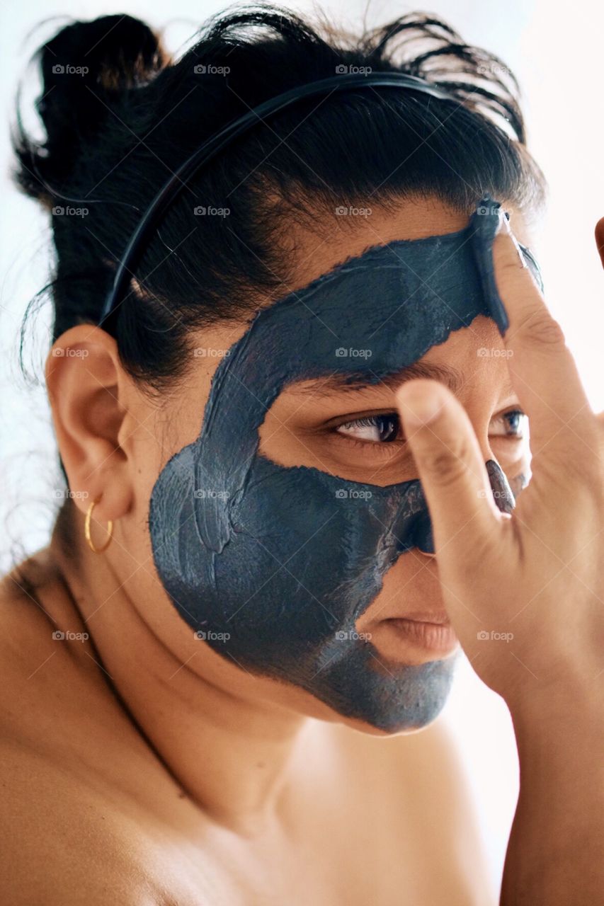 Woman Applying Charcoal Face Mask, Woman Looking In The Mirror, Beautiful Skin Regiment, Beautiful Woman, Girl Getting A Facial 