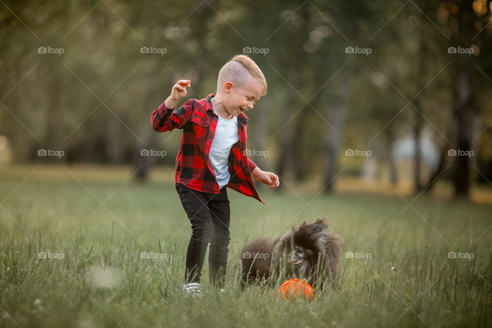 Little boy playing with his dog in soccer in a park 