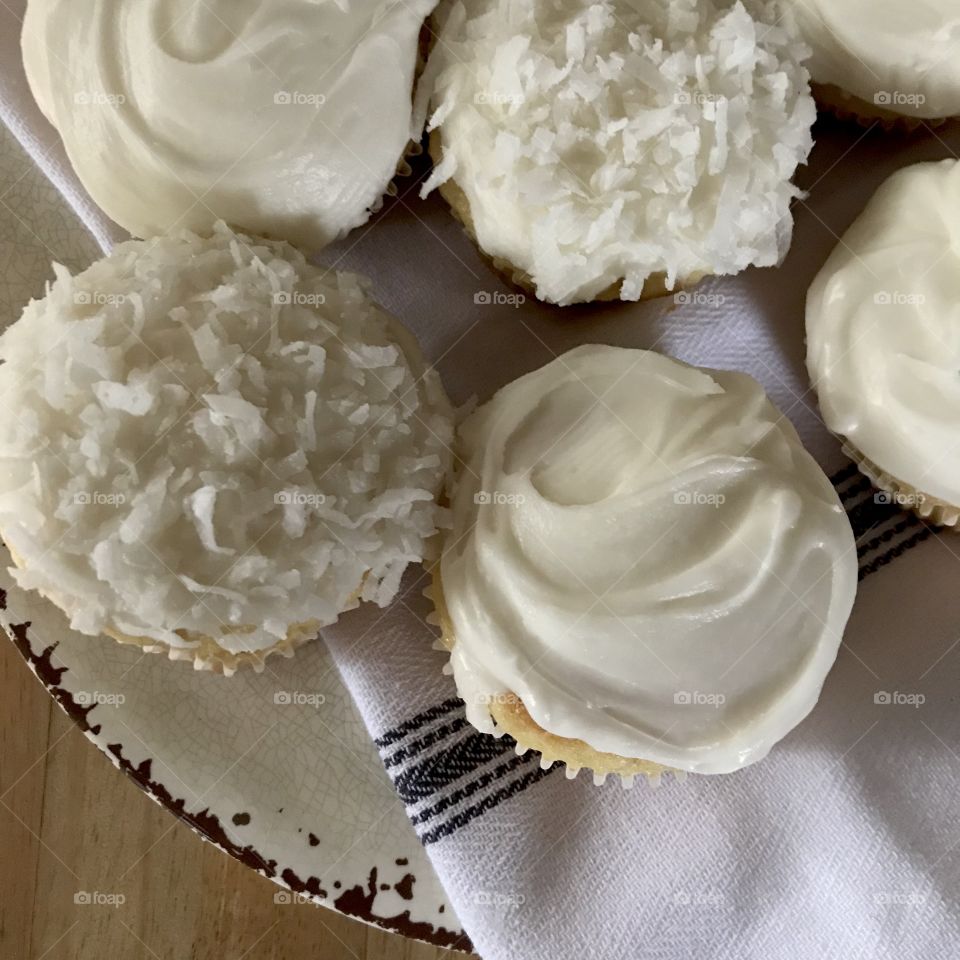 Close up of vanilla white homemade baked cupcakes