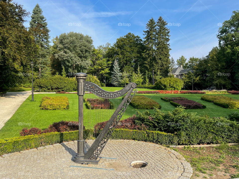 Statue of a harp in a park in the Polish spa town of Kudowa Zdroj.