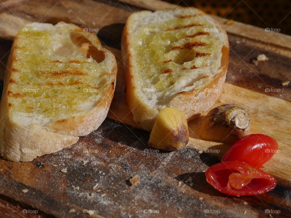 Grilled toasted ciabatta bread garlic tomato rubbed