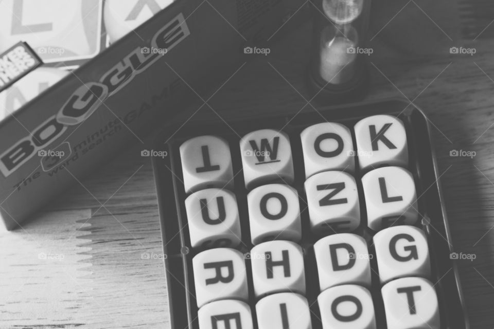 Monochromatic Boggle game, black and white board games, letters in black and white, entertainment in monochrome 