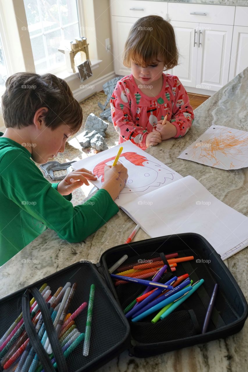 Young Brother And Sister Drawing Pictures At Home