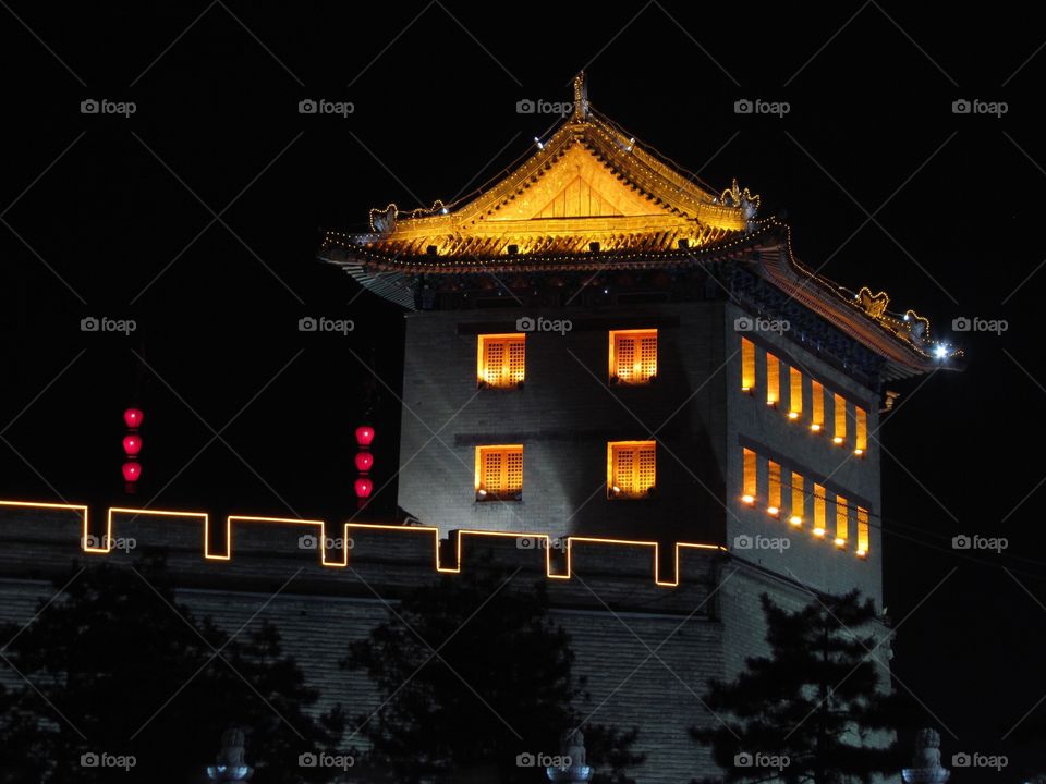 Walls of Xian at night,  China