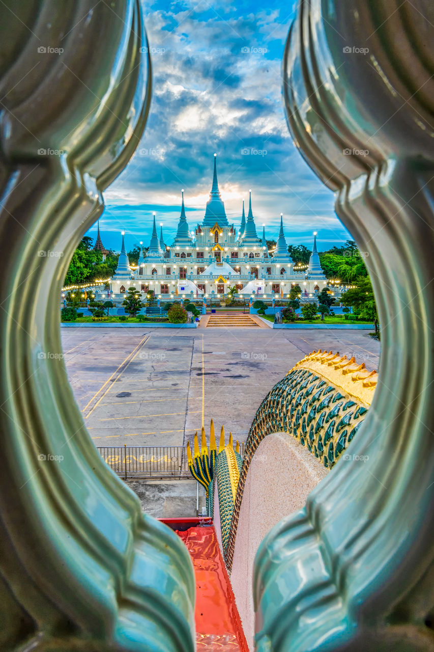 Beautiful scene of the famous pagoda of Wat Asokaram in Samutprakarn Thailand