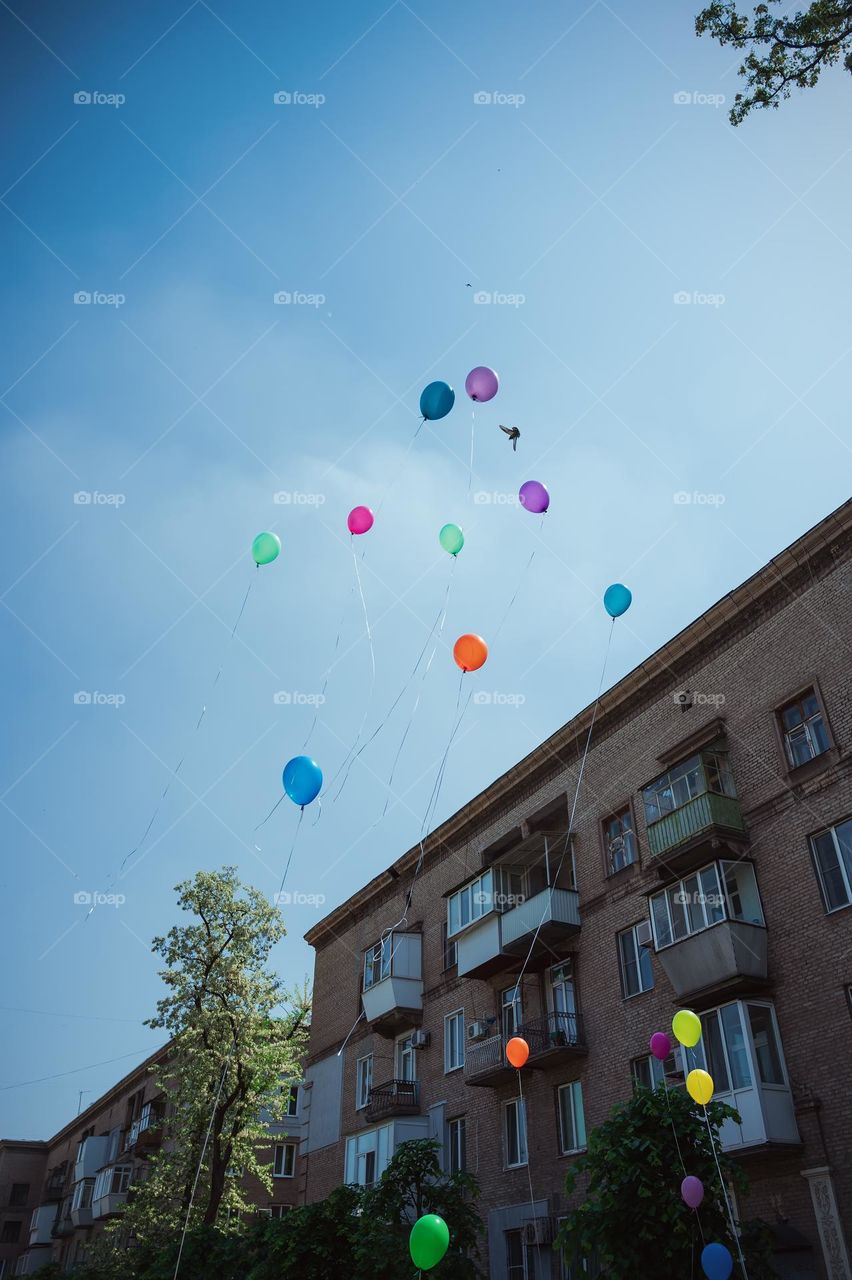 A group of brightly colored balloons soaring high in the sky, drifting past houses and into the clouds