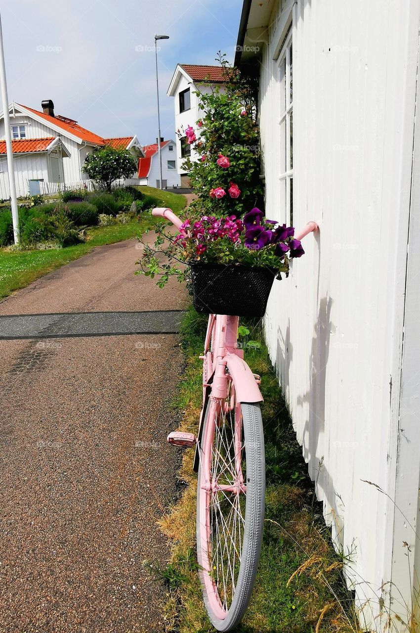 Pink bicycle with flowers in the basket