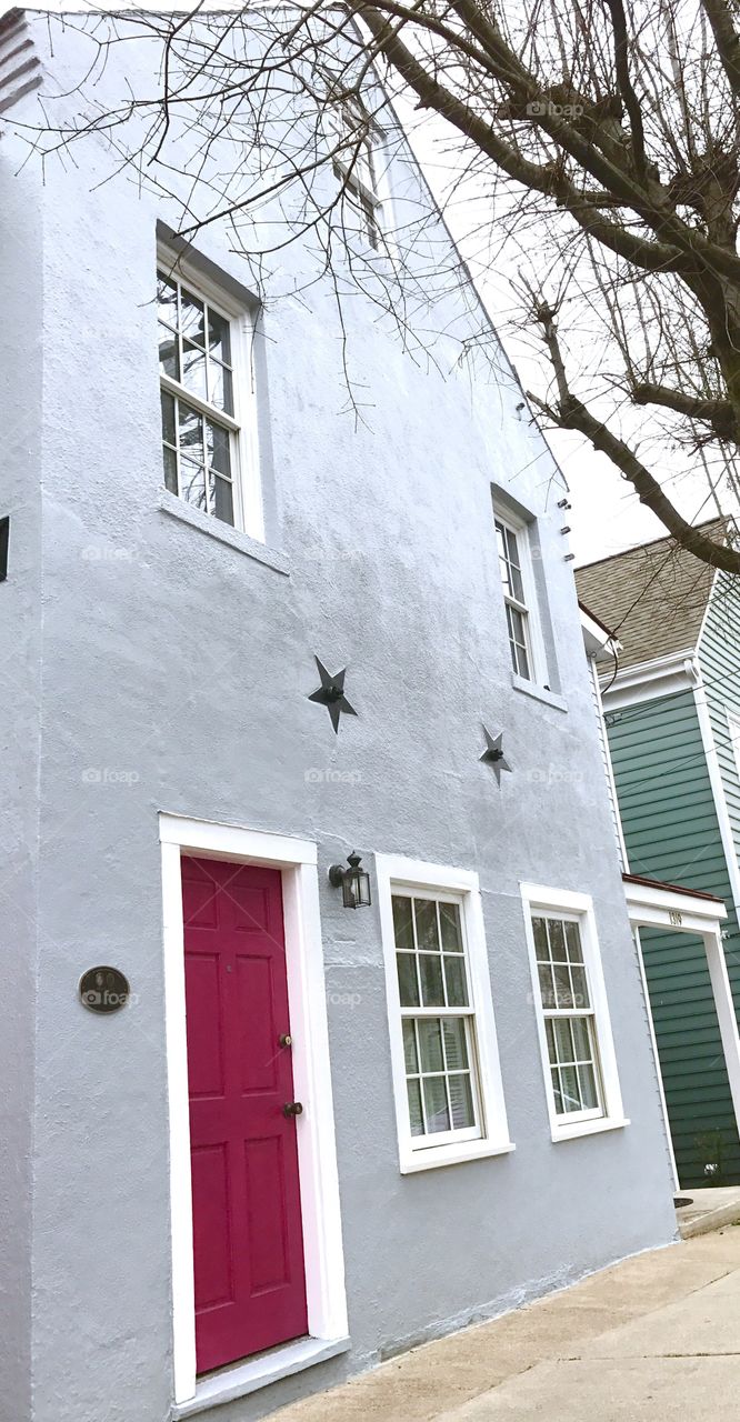 Gray Building Pink Door