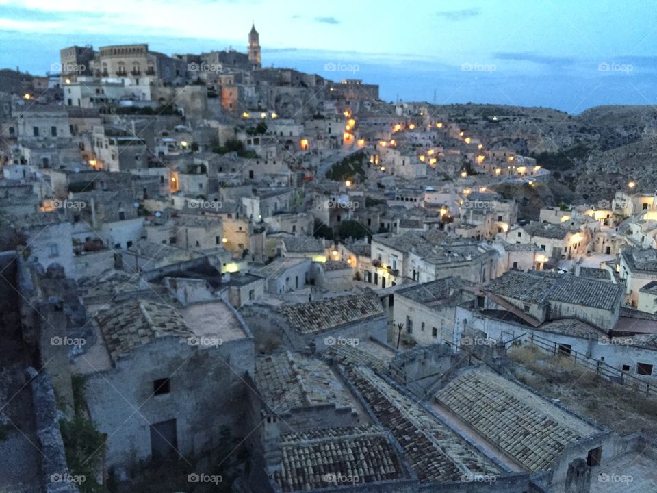 Matera, Basilicata, Italy. Evening view of the city of Matera, Basilicata region, Italy