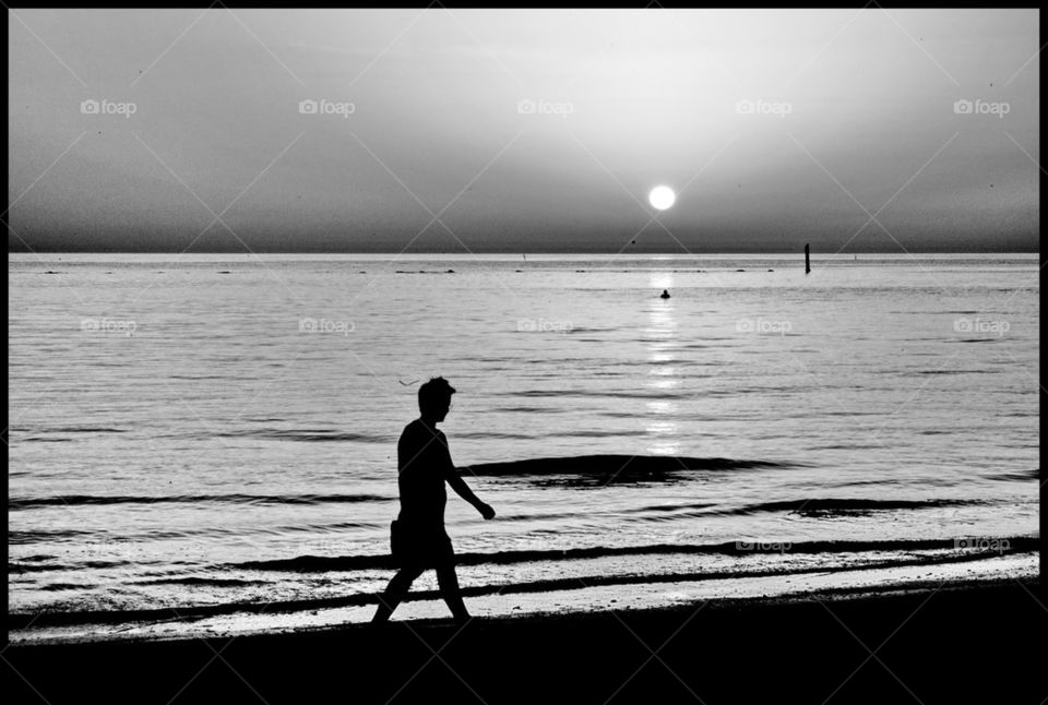 Sunrise, sea, sun, horizon, beach, people, walking, outdoor, black and