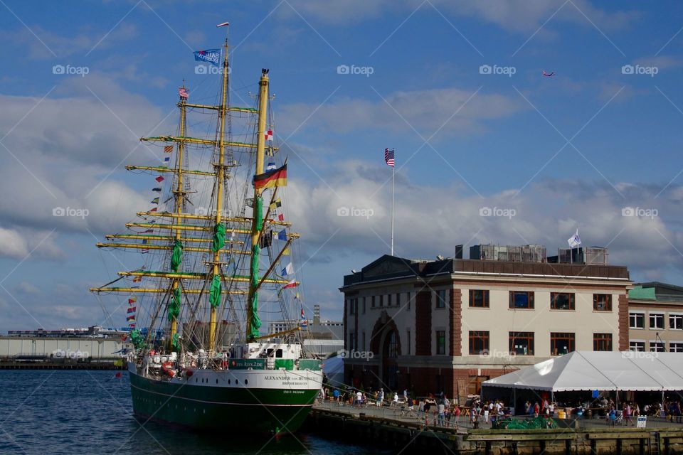 Sailboat docked on Boston Harbor.