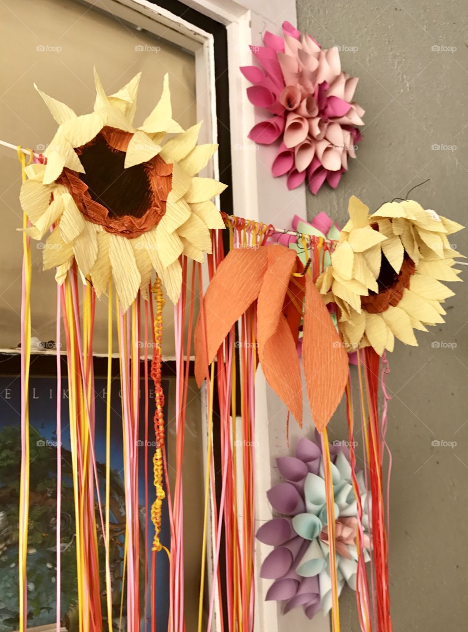 Paper flowers with streamers