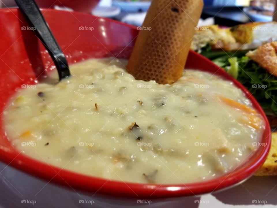 chicken and wild rice soup with bread