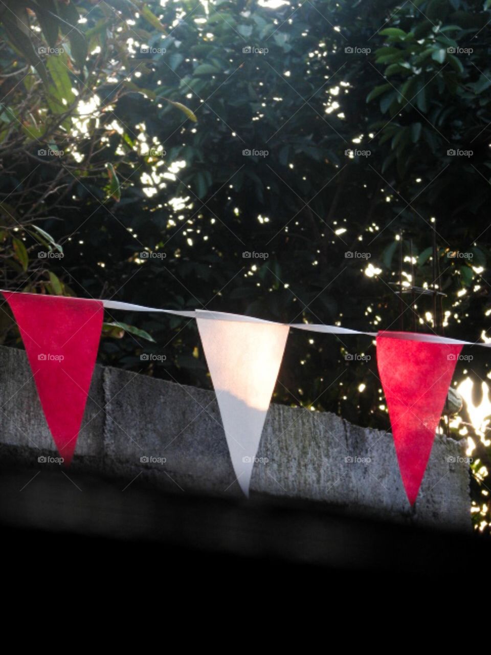 Red and white flags on the street in low angle view