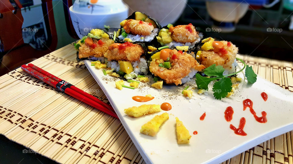 Cooking, mango tempura sushi hand rolls