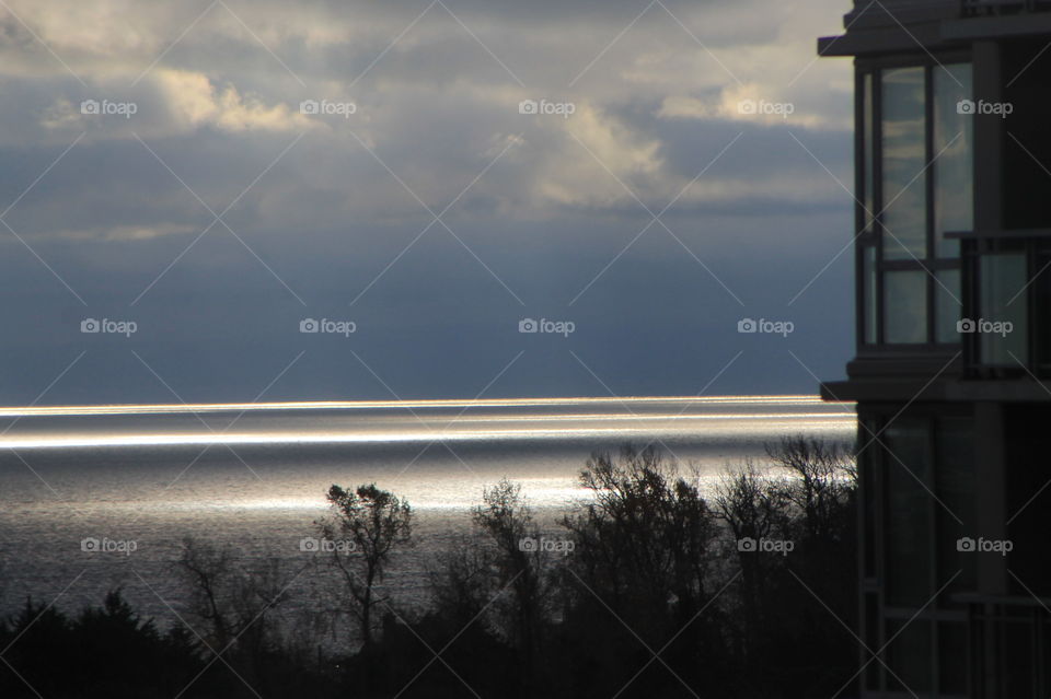 A silhouette of trees and the corner of a building with the sparkly ocean in behind and dark grey-blue clouds in the sky. 