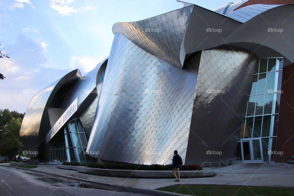 Peter B. Lewis building, designed by Frank Gehry features facades of curvy stainless steel and curling sections of brick and glass located on the campus of Case Western University, Cleveland, Ohio, United States