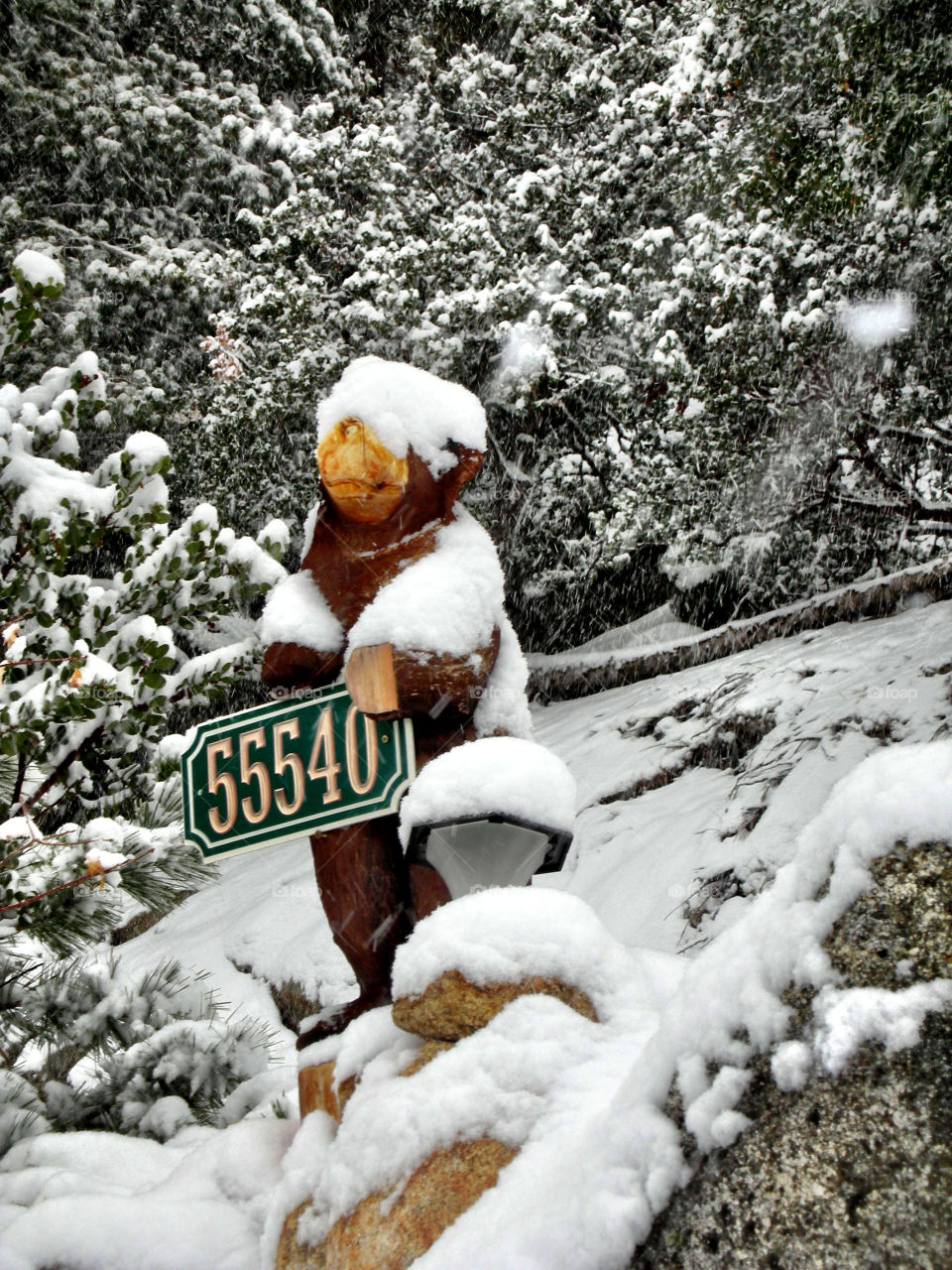 Wooden statue with number plate during winter