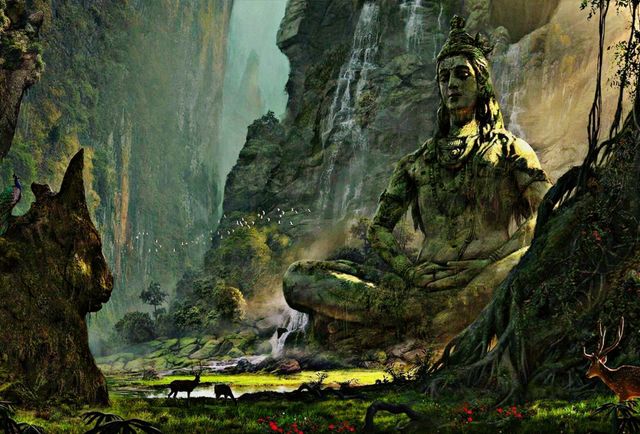 Deers grazing in front of god shiva