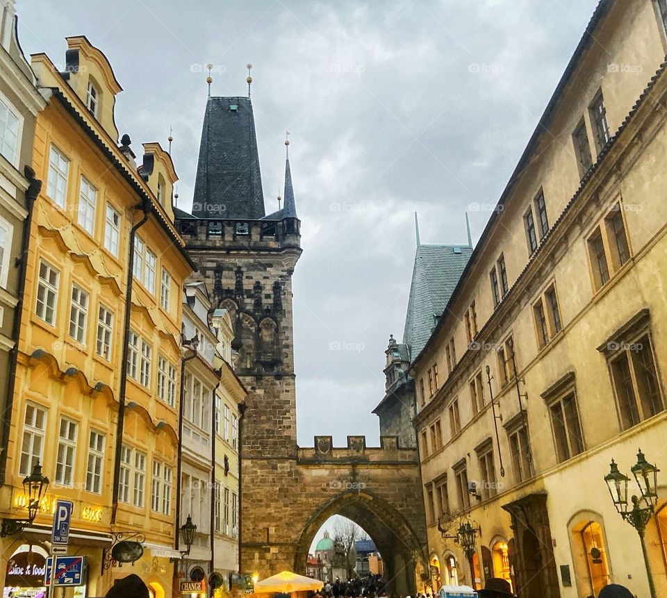 A gold pucture with old bildings of Czech Republic ,Prague