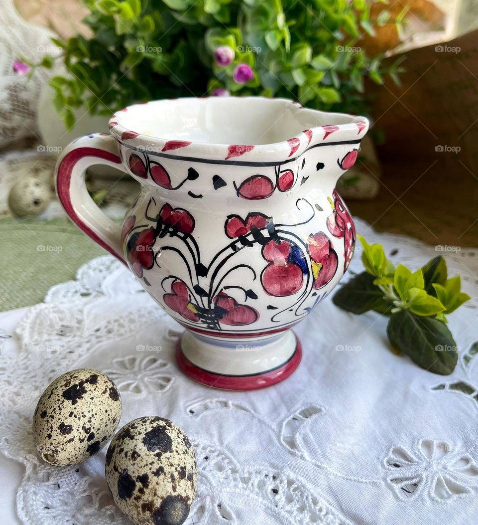 Vintage ceramic creamer with handmade painting