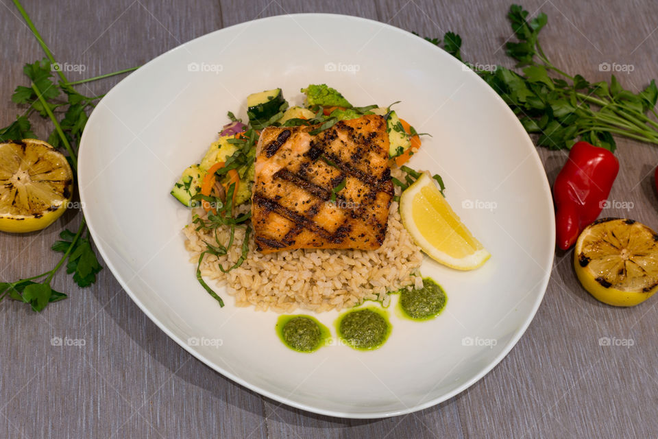 Grilled Salmon on Bed of Rice