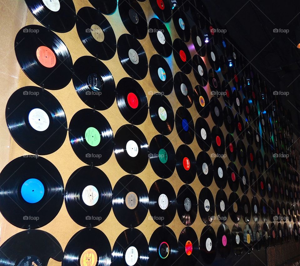 The wall of vinyl records in a restaurant on a road trip. 