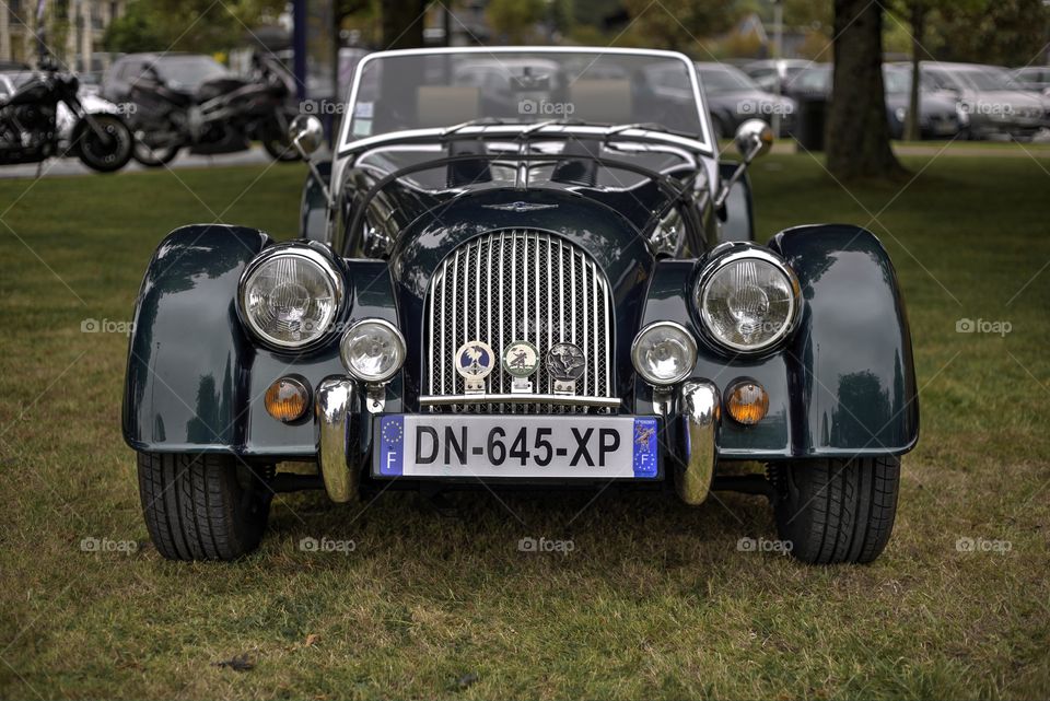 Retro vintage classic car Morgan Plus 4 automobile produced from 1950 to 1969. Show at vintage car owner exhibition - Le Touquet France