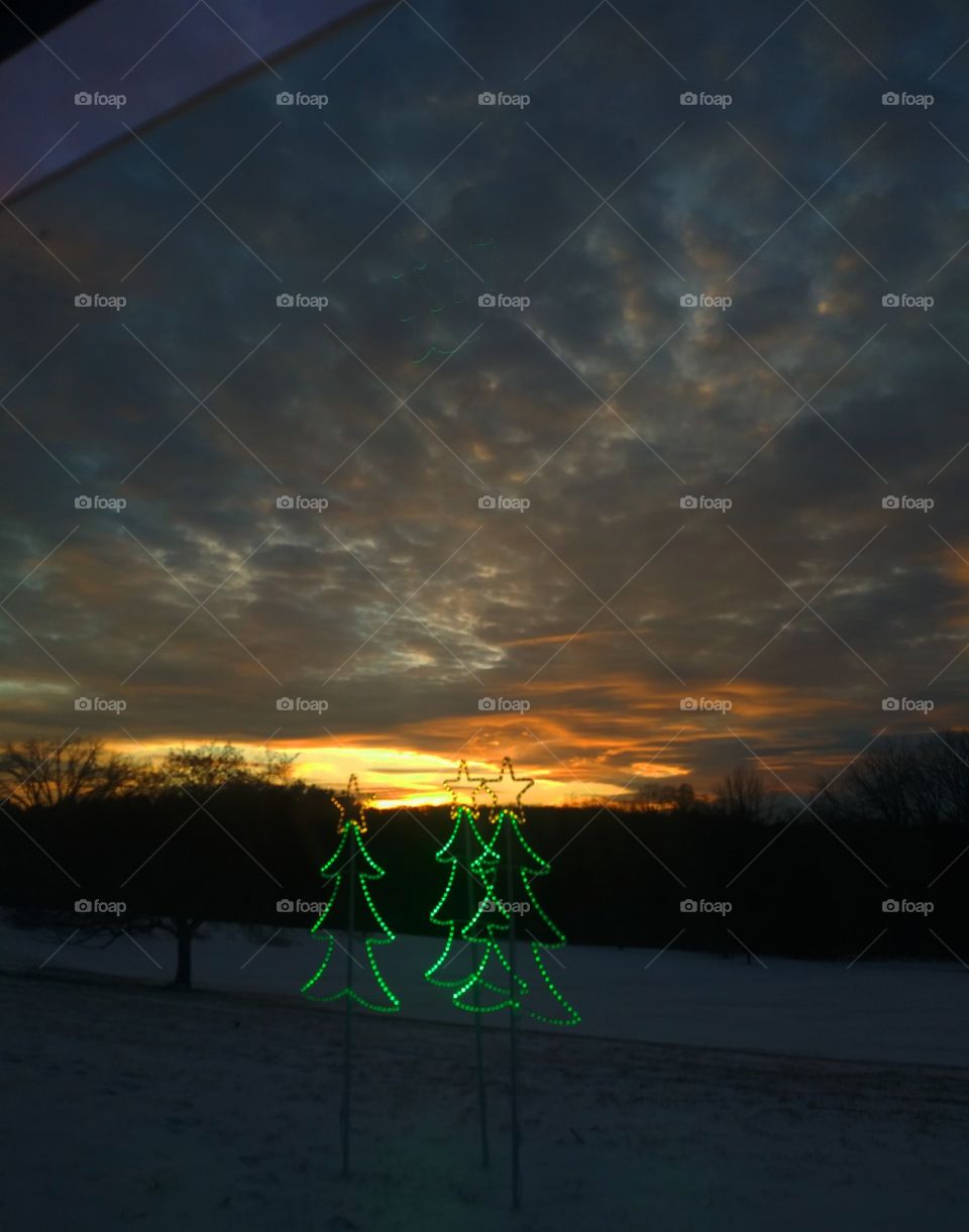 The sunsets behind the neon trees in the snowy park.  Photographer : Lee La Beez of Beez Lee Art.