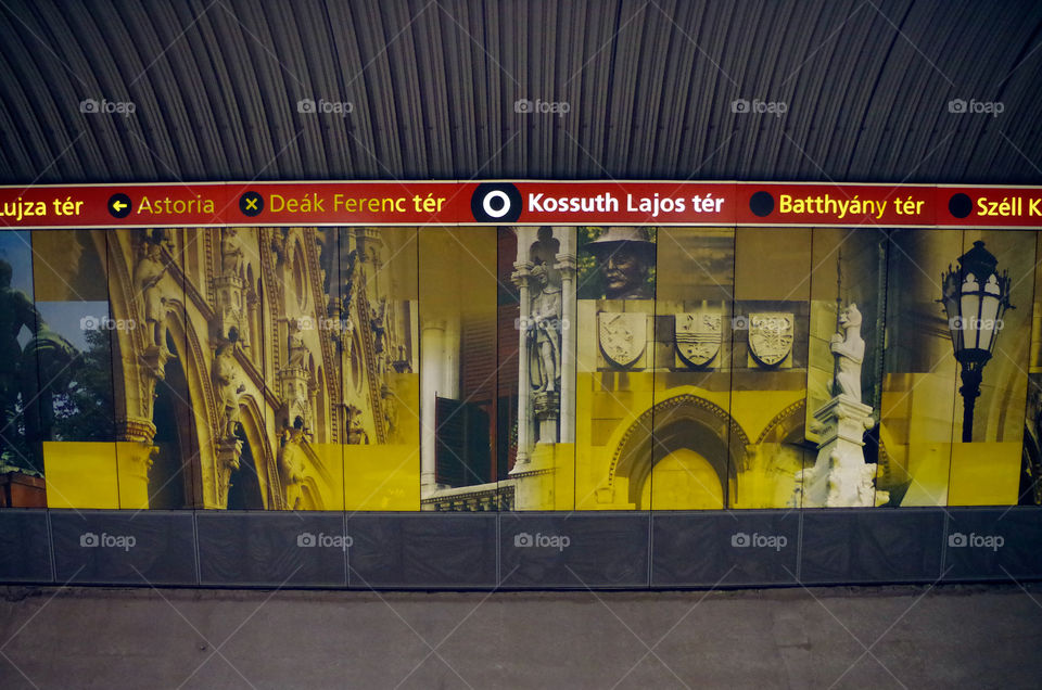 Metro station "Kossuth Lajos tér" indoors. Its design shows the most important places of interest of Budapest.