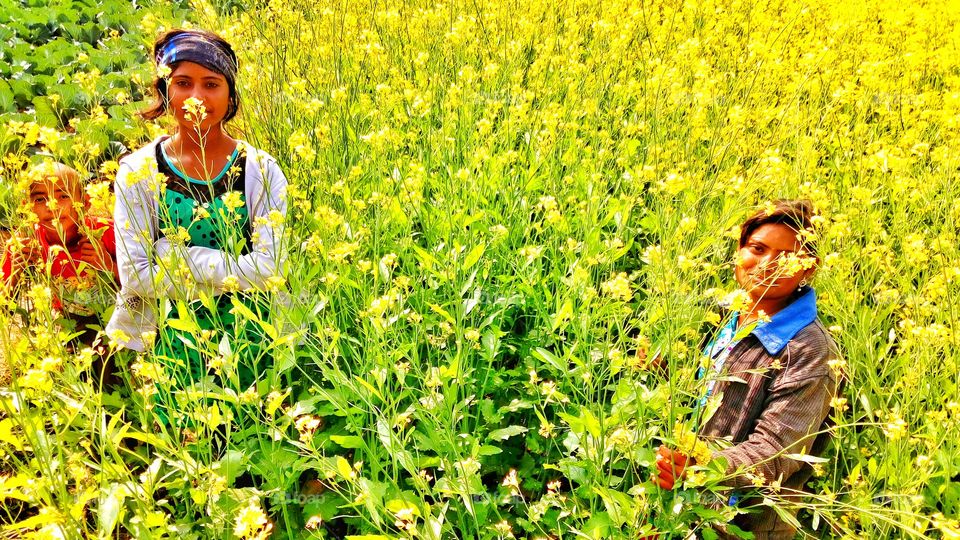 Brother and sister standing yellow flower field