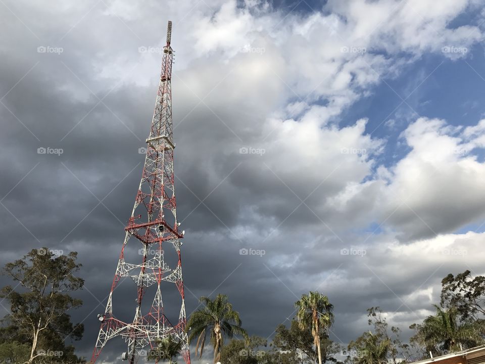 Telecommunications tower on  stormy day. 