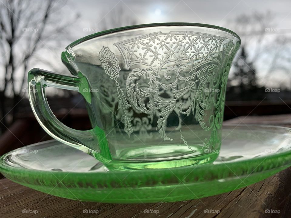 Vaseline glass, also known as Uranium glass. It is an absolutely stunning glass, that glows under a black light. 