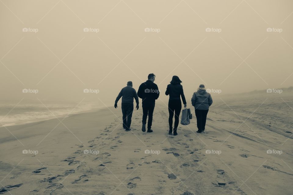 Family Walking Down Beach In Hamptons New York, Beach Walk Family Time, Monochromatic Family Lifestyle Photography 