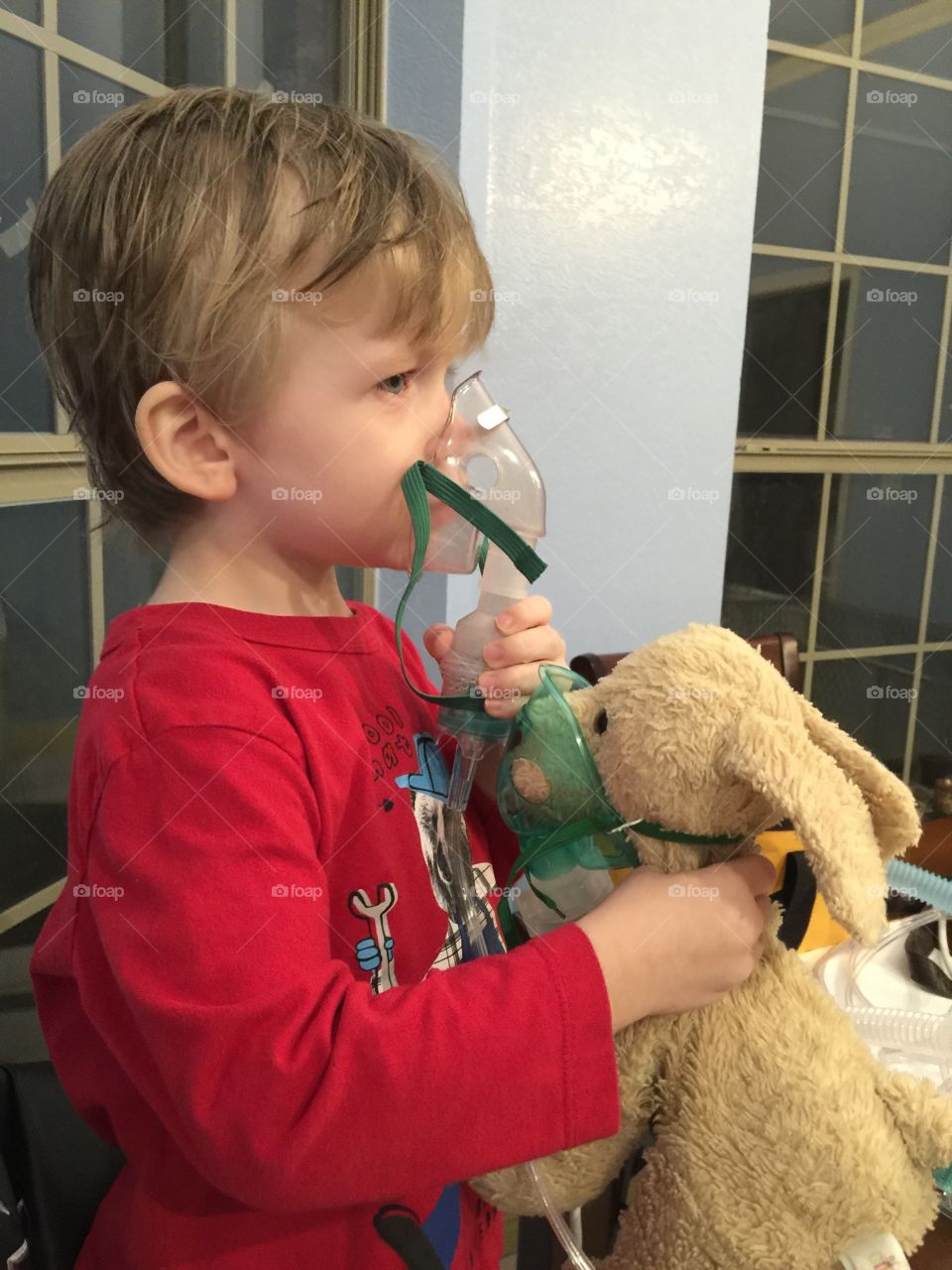 Breathing treatment . Peanut allergy leads to breathing treatment for boy and his dog.