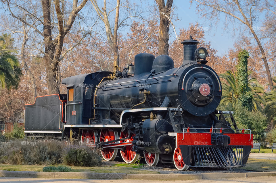 Black and red train on display