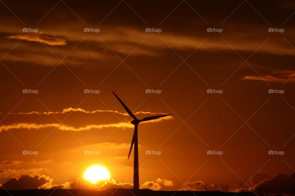 Backlit wind turbine in Salento, Puglia, Italy. Golden sky at sunset.