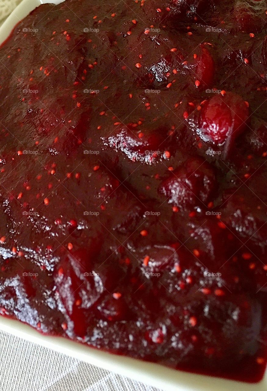 Red cranberry jelly sauce, homemade closeup 