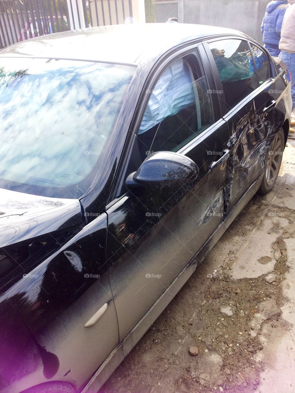 Car smashed after car crash. Black BMW 318d