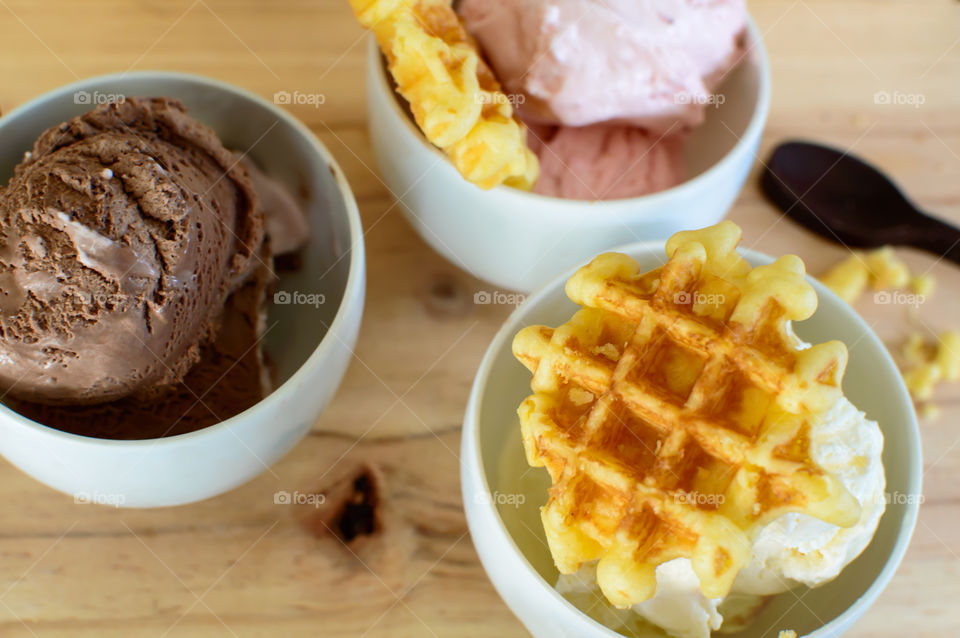 Variety ice cream flavours with Belgian waffle