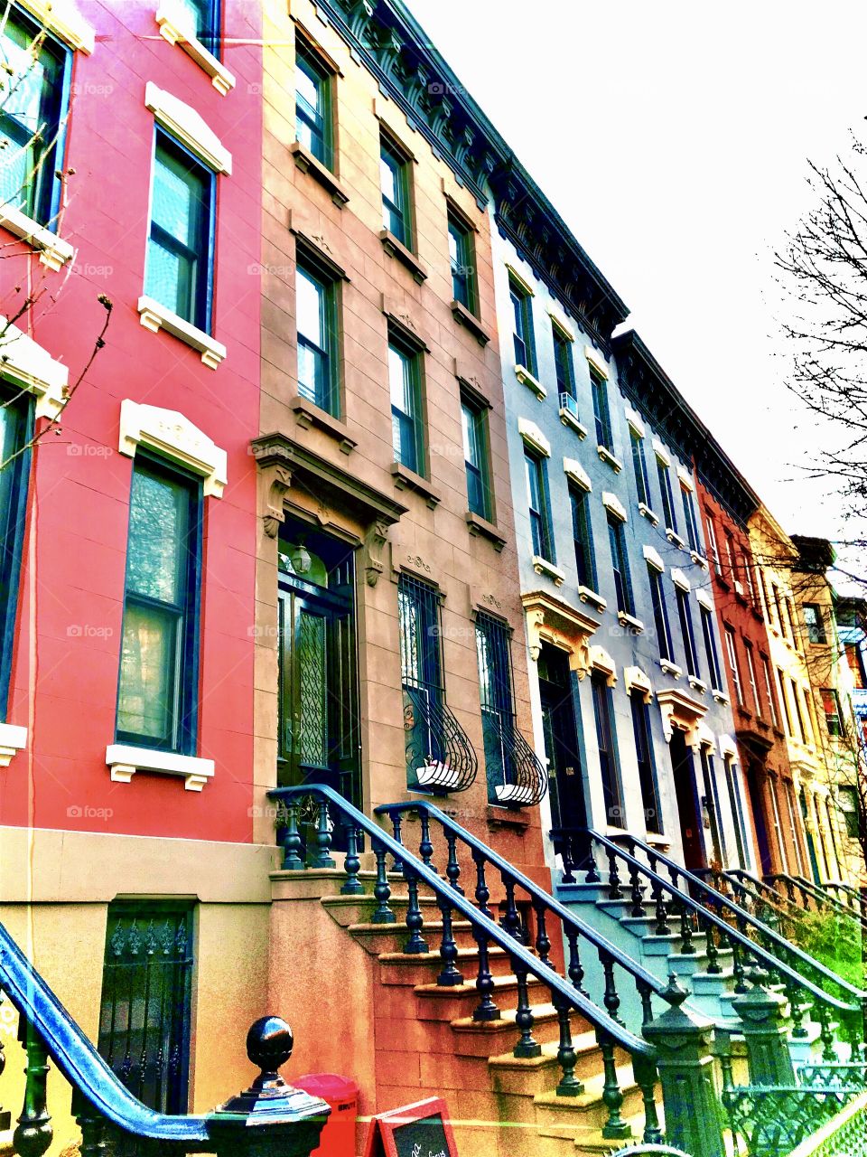 Colorful townhouses in Park slope Brooklyn neighborhood, New York City 