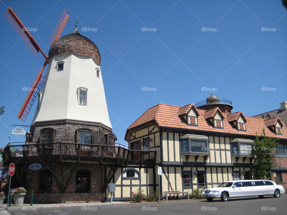 Theme town. Danish windmill, Danish architecture in America.
